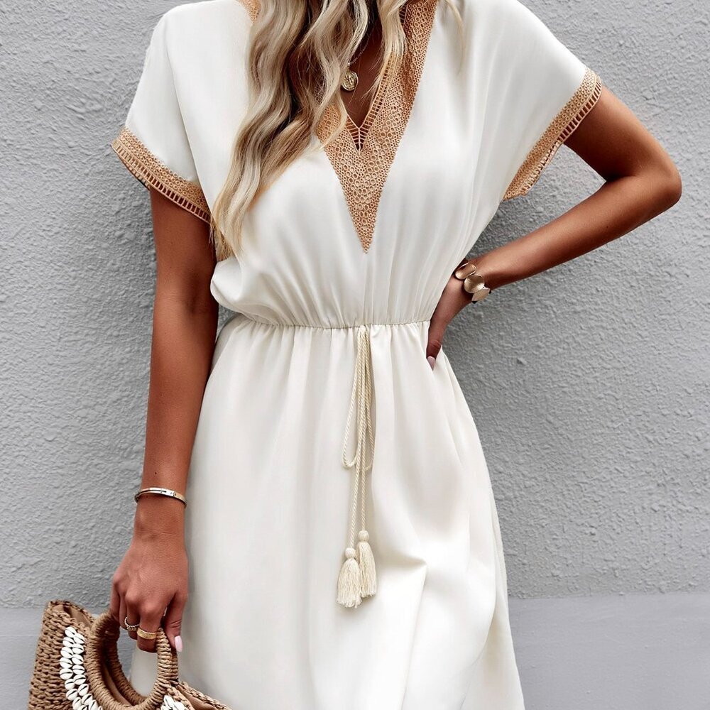 White Boho Women's Guipure Lace Fringe Detail Batwing Sleeve Dress - Picture 5 of 7